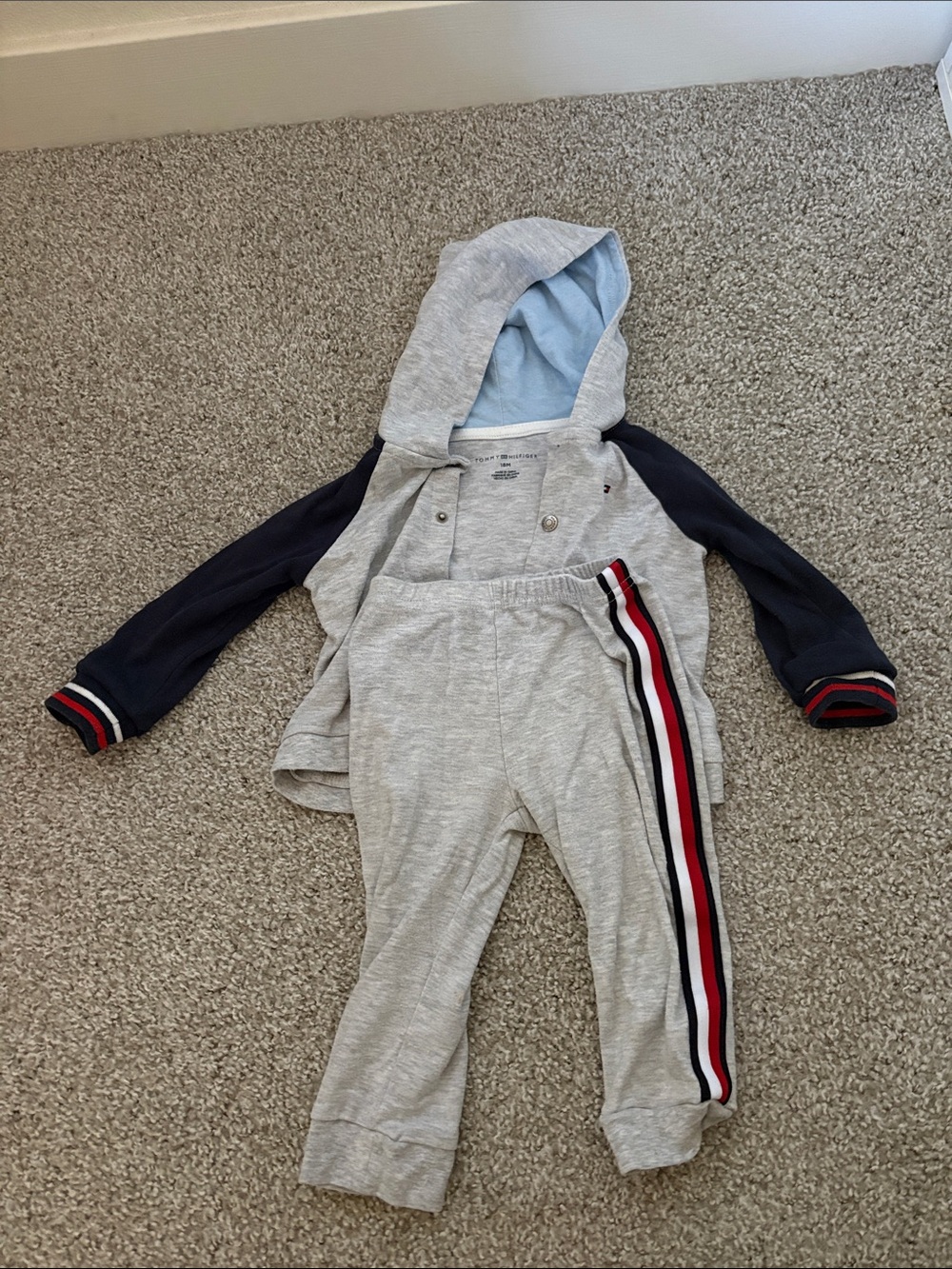 Kids Grey Hoodie & Joggers Set with Navy Sleeves and Stripe Detail